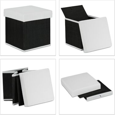 Relaxdays Sitzhocker, faltbar, Stauraum, 35x35x35 cm, Bambus, Schwarz/Weiß