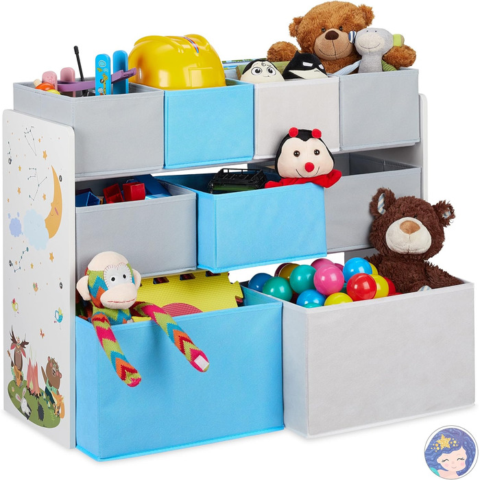 Relaxdays Kinderregal mit 9 Stoffboxen, Lagerfeuer Kindermotiv, Spielzeugregal Organizer HBT 66 x 82,5 x 29,5 cm, bunt