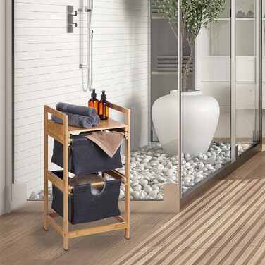 Relaxdays Wäschekorb Regal, Bambus, ausziehbar, 73x36,5x33 cm, 2 Fächer & 1 Ablage, Natur/grau