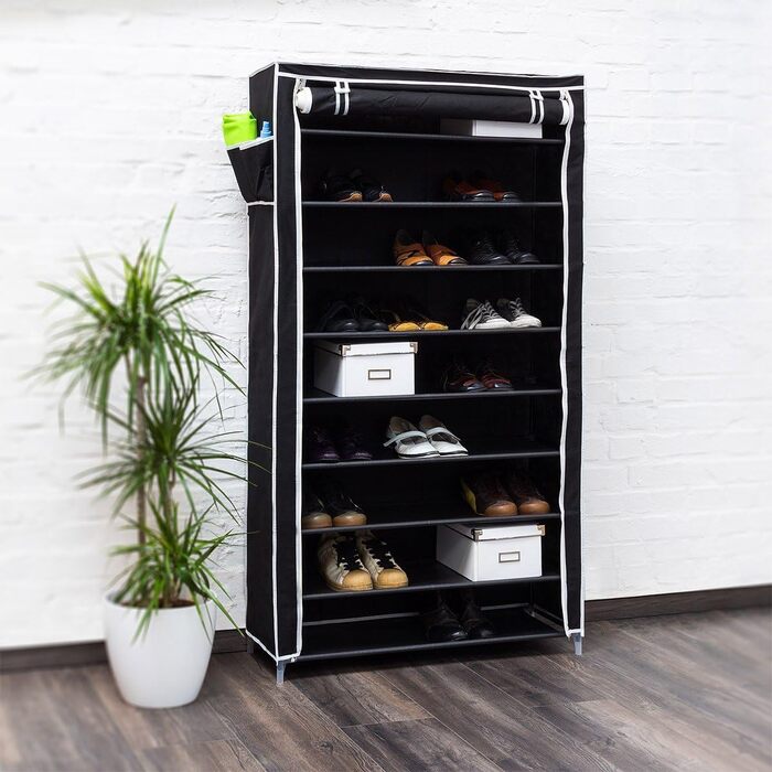 Relaxdays Schuhschrank Valentin, 161x88x30 cm, 10 Ablagen, Stoffbezug, staubfreie Lagerung, 45 Paar Schuhe, Schwarz