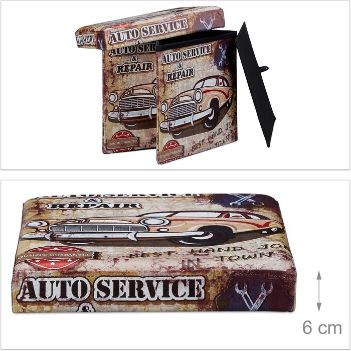 Relaxdays Faltbarer Sitzhocker 38 cm, stabiler Würfel mit Motiven, Fußablage & Aufbewahrungsbox