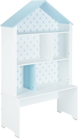Relaxdays Kinderregal, Seefahrt, 5 Fächer, 2 Rollboxen, HBT: 128x75x34 cm, Hausform, Spielzeug Aufbewahrung, weiß/blau