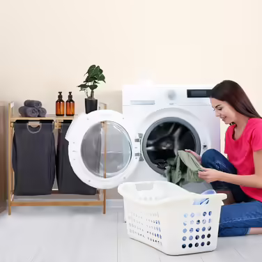 Relaxdays Wäschekorb Bambus, 2 Fächer, ausziehbar, 60L, Natur, 1 Stück (Grau)