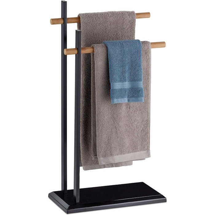 Relaxdays Handtuchhalter, Bambus/Metall, HBT 85,5x45x22,5 cm, schwarz/natur