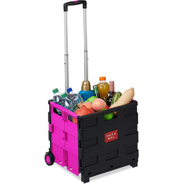 Relaxdays Einkaufstrolley klappbar, Teleskop-Griff, 2 Gummi Rollen, bis 35 kg, Shopping Trolley, Aluminium, ABS, pink