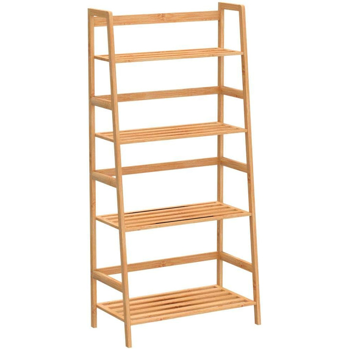 Relaxdays Bücherregal aus Bambus mit 4 Ablagen HxBxT: ca. 120 x 57 x 31 cm Regal für Bücher in Leiterform Standregal mit Durschubsicherung als Bücherschrank und Büroregal Aktenregal aus Holz, natur Single