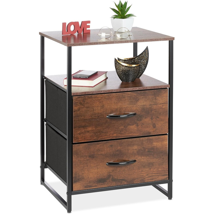 Relaxdays Nachttisch Industrial, 2 Ablagen, 2 Schubladen, Holzoptik, 70x45x40 cm, schwarz/braun