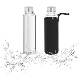 Relaxdays Trinkflasche, 2er Set, 500 ml, auslaufsicher, Glasflasche mit Hülle, HxD: ca. 23,5x6,5 cm, transparent/schwarz