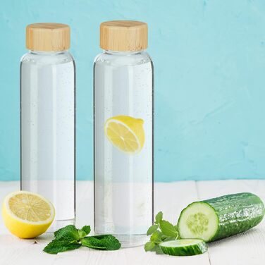 Relaxdays Trinkflasche mit Bambusdeckel, 6er Set, 500 ml, Wasserflasche mit Hülle, Borosilikatglas, transparent/schwarz 6er Set Transparent/ Schwarz