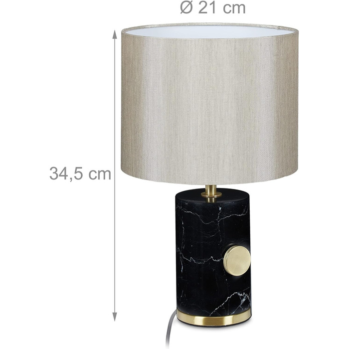 Relaxdays Tischlampe, Marmorfuß & Stoffschirm, E14-Fassung, dimmbare Nachttischlampe, H x D: 34,5 x 21 cm, schwarz/beige
