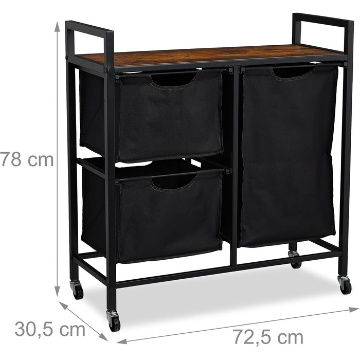 Relaxdays Wäschekorbregal, 3 Fächer, rollbar, Wäschesammler, Industrial Design, schwarz/braun