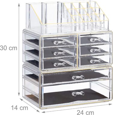 Relaxdays  x Make Up Organizer mit Schubladen, stapelbarer Schmuckkasten für Make Up, Acryl Schminkaufbewahrung,     Stück (1, Transparent-gold, 1 Stück)