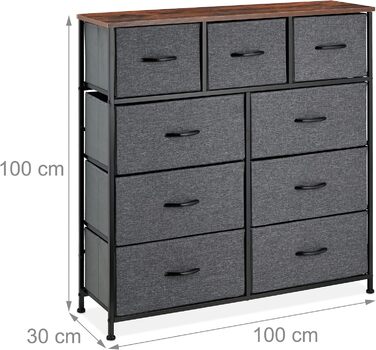 Relaxdays Kommode, 100x100x30 cm, Metall & Holzoptik, 9 Stoff-Schubladen, Moderne Beistellkommode