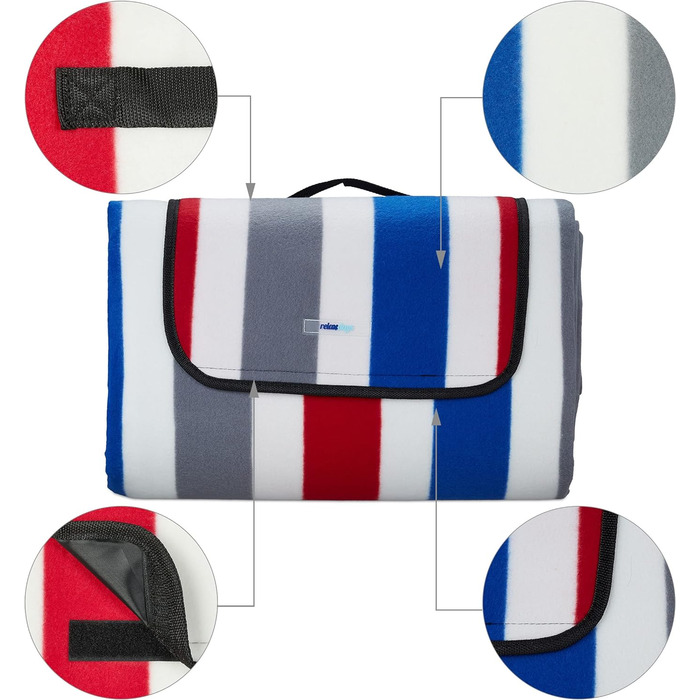 Relaxdays XXL Picknickdecke, 200x300 cm, weich, wasserdichte Unterseite, Tragegriff, gestreifte Fleece Stranddecke, bunt