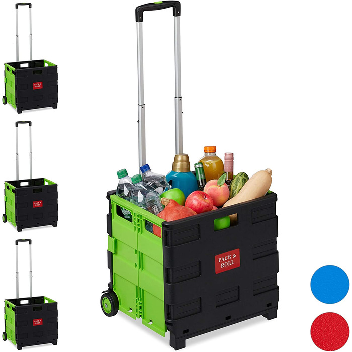 1 x Einkaufstrolley klappbar, Teleskop-Griff, 2 Gummi Rollen, bis 35 kg, Shopping Trolley, Aluminium, ABS, (Grün, 4er Pack)