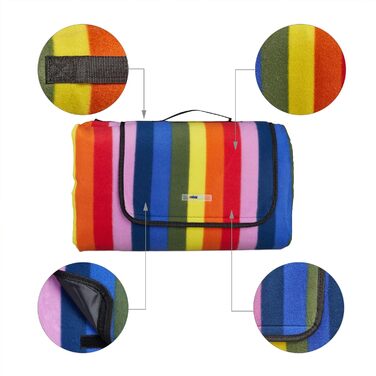 Relaxdays XXL Picknickdecke, 300x200cm, isoliert, wasserdicht, Fleece Stranddecke, gestreift, Isodecke, Tragegriff, bunt
