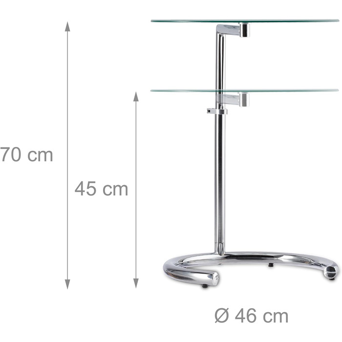 Relaxdays, Silber Kaffeetisch höhenverstellbar bis 70 cm, runder Wohnzimmertisch, verchromter Stahl, Glasplatte 46 cm Ø, Standard
