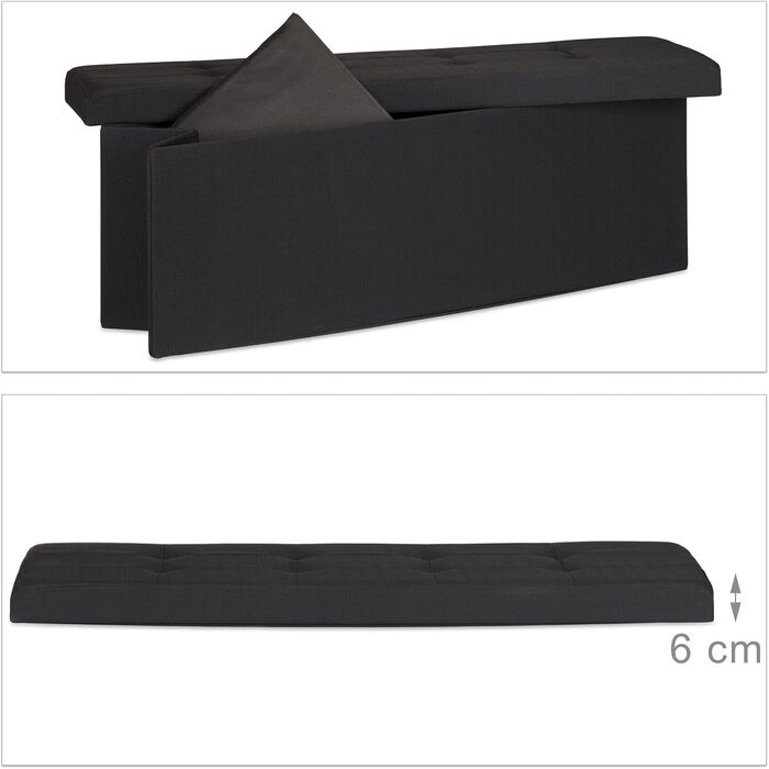 Relaxdays Faltbare Sitzbank XXL, Sitzcube mit Stauraum, Leinen, 38x114x38 cm, Schwarz