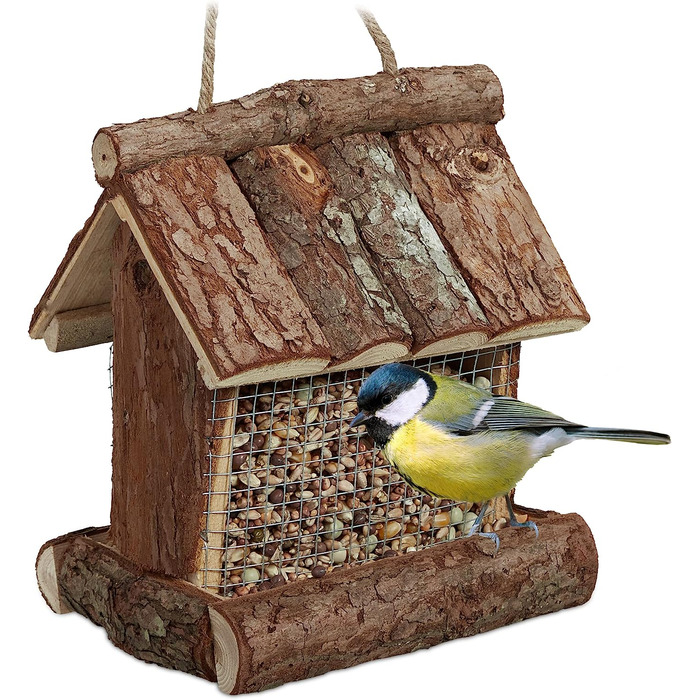 Relaxdays Vogelfutterhaus, Holz, HBT: 17x15x12 cm, mit Silo, Vogelfutterspender, Natur (60 Zeichen)