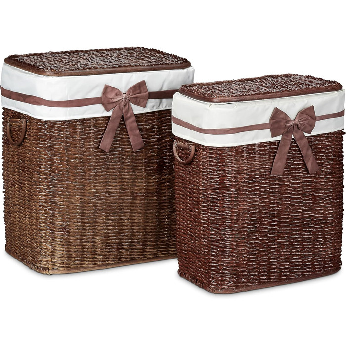 Relaxdays 2er Set Buri Wäschetruhe 67L, stapelbar, mit Wäschesack, atmungsaktiv, rotbraun, 56,5x46,5x33,5 cm