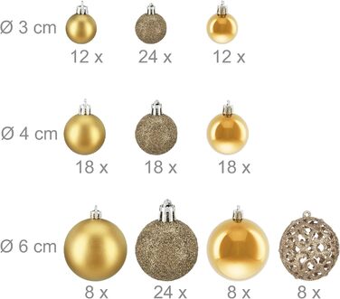 Relaxdays 150er Set Weihnachtskugeln, glitzernd/matt/glänzend, Kunststoff, ∅ 3/4/6 cm, Gold