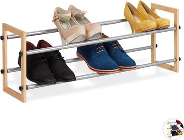 Relaxdays Schuhregal ausziehbar, offener Schuhständer mit 2 Ebenen, Holz & Eisen, erweiterbar bis 118 cm Breite, Natur 2 Etagen