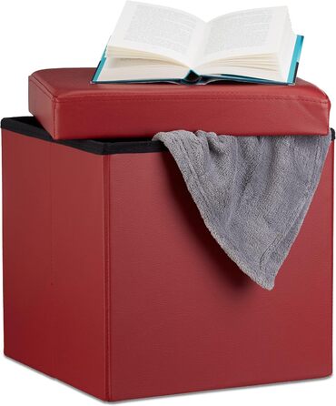 Relaxdays Sitzhocker, Leder, 38x38x38 cm, Dunkelrot