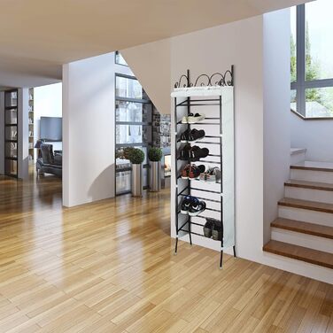 Relaxdays Schuhregal COUNTRY, 174x48x29 cm, 8 Ablagen, 20 Paar Schuhe, Stoffschrank, schwarz-weiß