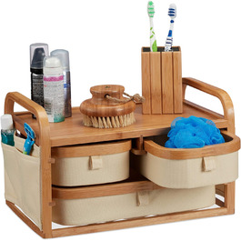 Relaxdays, Natur Mini Kommode Bambus, 3 Fächer, kleines Badregal, Stoff, Kosmetikorganizer Landhaus, HBT 19 x 34 x 23 cm, Standard