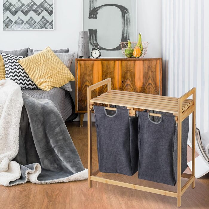 Relaxdays Wäschekorb Bambus, 2 Fächer, ausziehbar, 60L, Natur, 1 Stück (Grau)