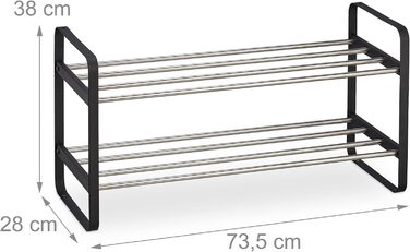 Relaxdays Schuhregal, Metall, 2 Ebenen, stapelbar, HBT 38 x 73,5 x 28 cm, bis zu 6 Paar Schuhe, offen, schwarz/silber