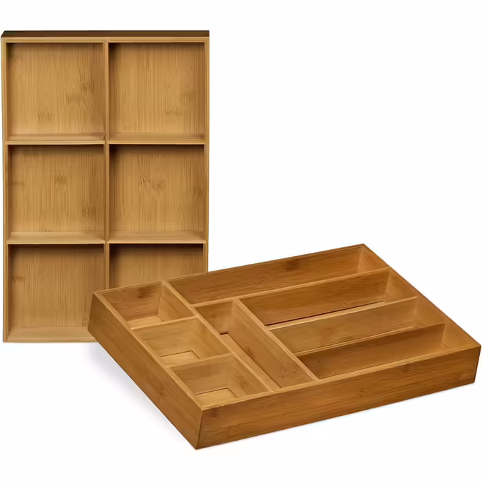 Relaxdays Bambus Schubladeneinsatz 2er Set 6,5x30,5x46cm Küchenorganizer mit Trennwänden, Besteckkasten, natur