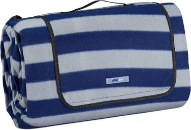 Relaxdays XXL Picknickdecke, 200x300 cm, isoliert, wasserdicht, gestreifte Fleece Stranddecke, Tragegriff, blau/grau
