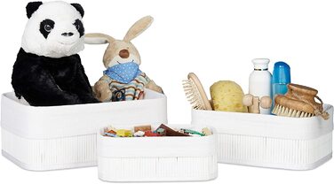 Relaxdays Aufbewahrungskorb 3er Set, Stoffbezug, Bambus, rechteckig, Bad, Accessoires, Spielzeug, Allzweckkorb, (Weiß)