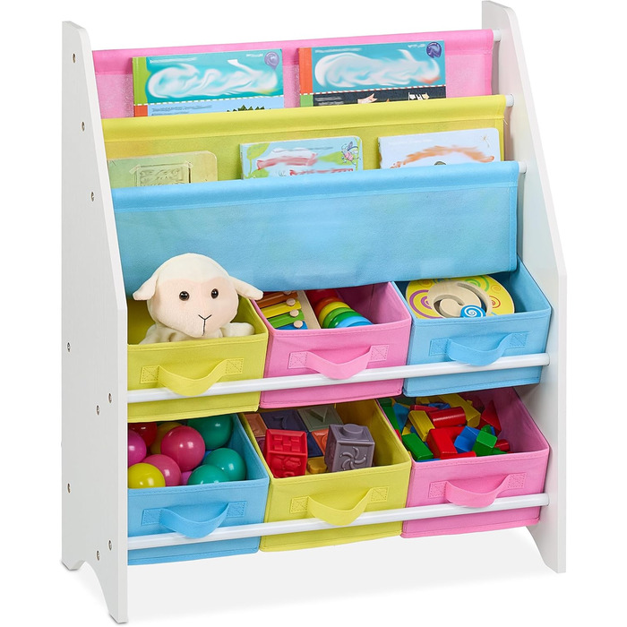 Relaxdays Kinderregal mit 6 Boxen, 2 Taschen, Spielzeugregal, HBT: 74x62,5x31 cm, bunt