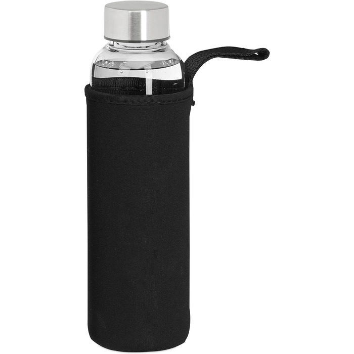 Relaxdays Trinkflasche, 2er Set, 500 ml, auslaufsicher, Glasflasche mit Hülle, HxD: ca. 23,5x6,5 cm, transparent/schwarz