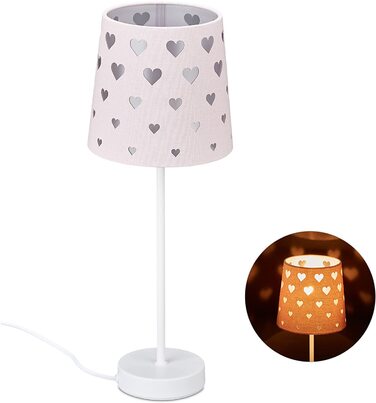 Relaxdays Nachttischlampe Kinder, Herzen, Stoff Lampenschirm, für Baby und Kind, Kinderlampe HxD: 43 x 16 cm, rosa-weiß, 1003