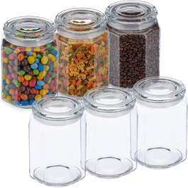 Relaxdays Vorratsgläser, 6er Set, 1,8 l, achteckige Dosen, luftdicht, transparent