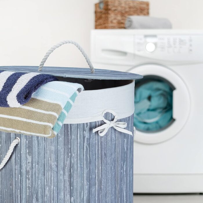 Relaxdays Wäschekorb Bambus, faltbar, mit Deckel, 70 l, Wäschesack Baumwolle, rund Ø 41 cm, Grau