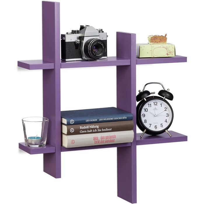 Relaxdays Wandregal mit 6 Fächern, versetzte Wandbretter in Gitteroptik, Schweberegal HxBxT 58,5 x 58,5 x 10 cm, (Violett)