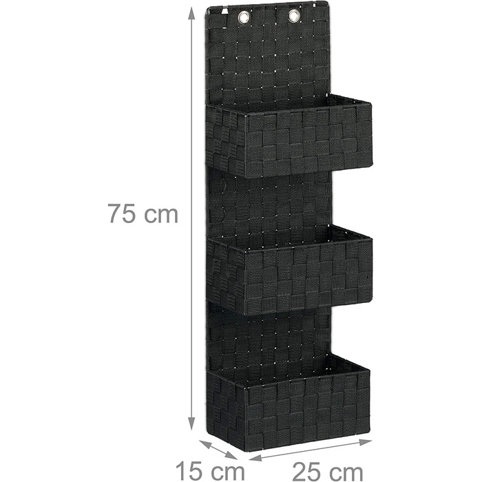 Relaxdays Hängeorganizer Stoff, Türorganizer mit 3 Aufbewahrungskörben, Wandorganizer Bad, PP, HBT: 75x25x15cm, (15 x 25 x 75 cm, Schwarz)
