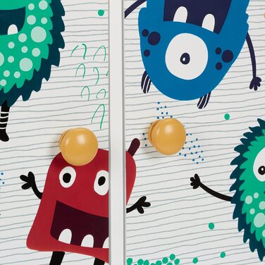 Relaxdays Kinderregal, 5 Fächer für Spielzeug, Monstermotiv, HBT: 100 x 63,5 x 40 cm, Kinderzimmerregal mit Türen, bunt