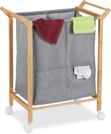 Relaxdays Wäschekorb, 2 Fächer, 80 l, auf Rollen, Bambus & Stoff, 76x65x35 cm, natur/grau