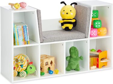Relaxdays Bücherregal mit Sitzkissen, Kinderregal mit 6 Fächern, 63x103x30 cm, gepolstert, Sitzbank Kinderzimmer, weiß