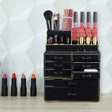 Relaxdays  x Make Up Organizer mit Schubladen, stapelbarer Schmuckkasten für Make Up, Acryl Schminkaufbewahrung,     Stück (1, Schwarz-gold, 1 Stück)