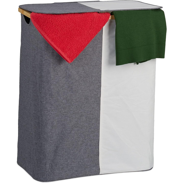 Relaxdays Wäschekorb mit Deckel, 130 l, Wäschesammler Bambus & Polyester, tragbar, atmungsaktiver Wäschesack,  90 10, (65.5x54x33.5 cm, Grau/Weiß)