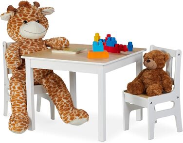 Relaxdays Kindertisch mit 2 Stühlen, 3-teiliges Set, robuste Kindermöbel, MDF, weiß/Natur, 48x60x60 cm