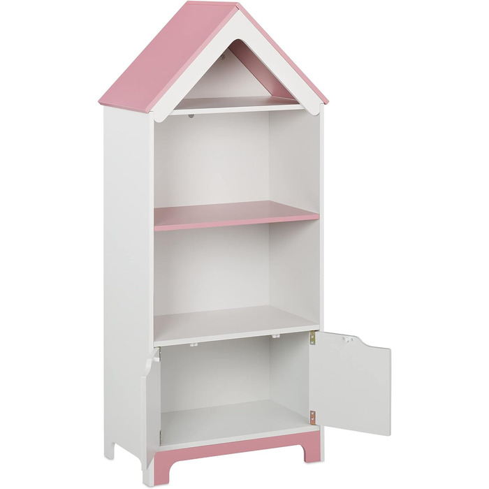 Relaxdays Kinderregal, Heldinnenmotiv, 4 Fächer für Spielzeug, HBT: 93x63x28 cm, Kinderzimmerregal mit Türen, weiß/rosa