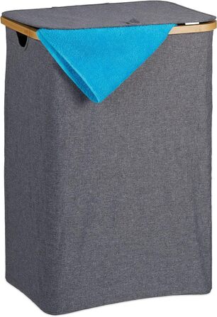 Relaxdays Wäschekorb mit Deckel, 130 l, Wäschesammler Bambus & Polyester, tragbar, atmungsaktiver Wäschesack,  90 10, (66 x 45 x 36.5 cm, Grau/Natur)