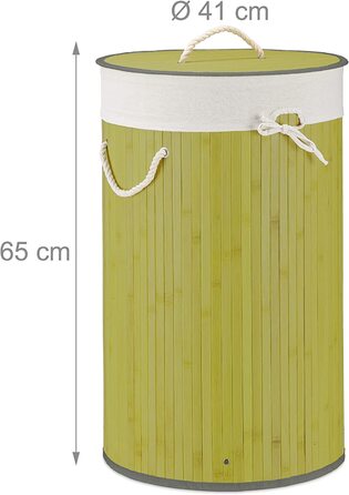 Relaxdays Wäschekorb Bambus, faltbar, 70 l, Wäschesack Baumwolle, rund Ø 41 cm, mit Deckel, grün